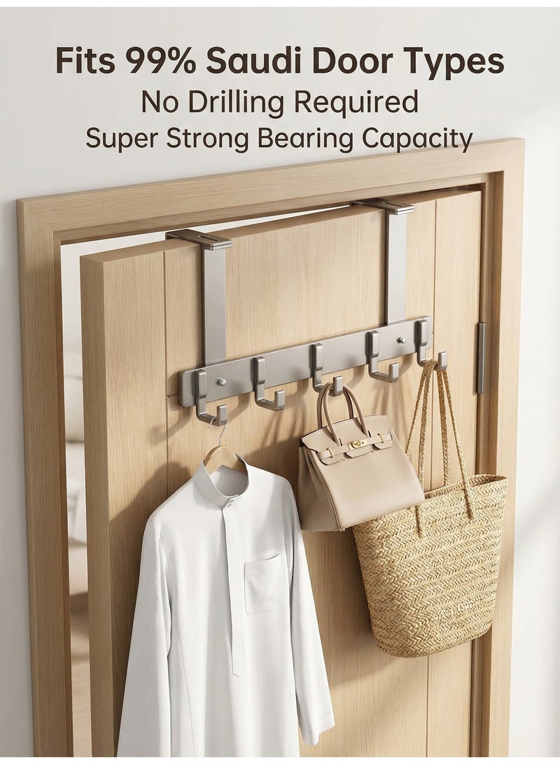 MS MIN Adjustable Over Door Hook Rack, Heavy Duty 5-Hook Door Hanger, Non-Slip Door Hook Organizer for Coats, Bags & Towels, No Drilling, Dark Grey - Image 3